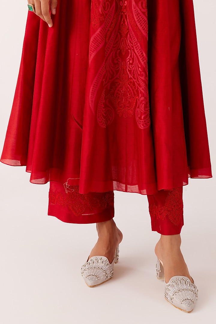 Red Silk Chanderi Embroidered & Printed Wedding Anarkali Set by Devnaagri at Pernia's Pop Up Shop