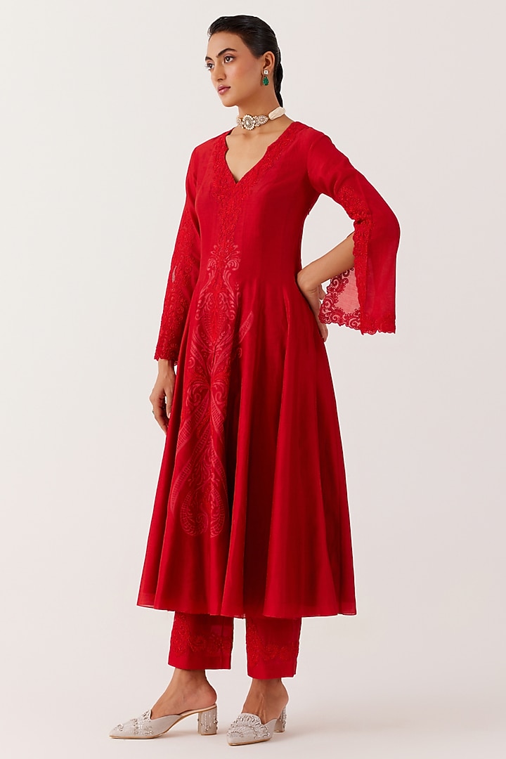 Red Silk Chanderi Embroidered & Printed Wedding Anarkali Set by Devnaagri at Pernia's Pop Up Shop