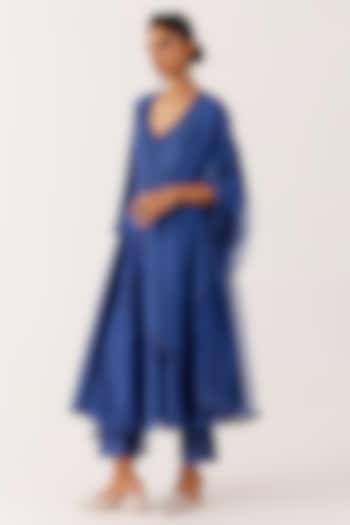 Blue Silk Chanderi Embroidered & Printed Wedding Anarkali Set by Devnaagri at Pernia's Pop Up Shop