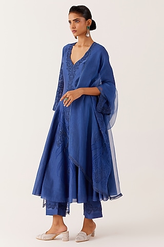 Blue Silk Chanderi Embroidered & Printed Anarkali Set by Devnaagri