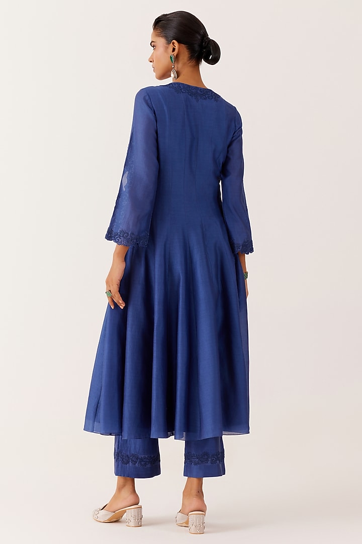 Blue Silk Chanderi Embroidered & Printed Wedding Anarkali Set by Devnaagri at Pernia's Pop Up Shop