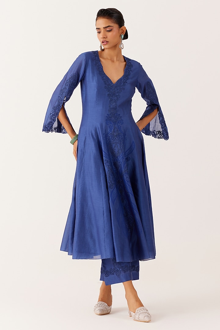 Blue Silk Chanderi Embroidered & Printed Wedding Anarkali Set by Devnaagri at Pernia's Pop Up Shop