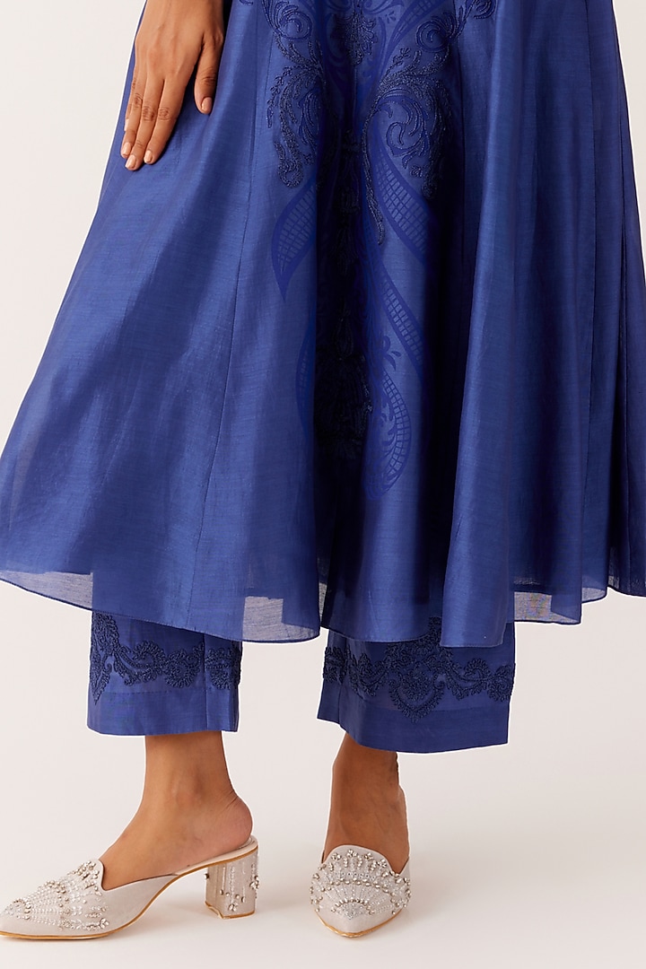 Blue Silk Chanderi Embroidered & Printed Wedding Anarkali Set by Devnaagri at Pernia's Pop Up Shop