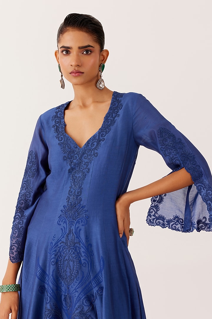Blue Silk Chanderi Embroidered & Printed Wedding Anarkali Set by Devnaagri at Pernia's Pop Up Shop