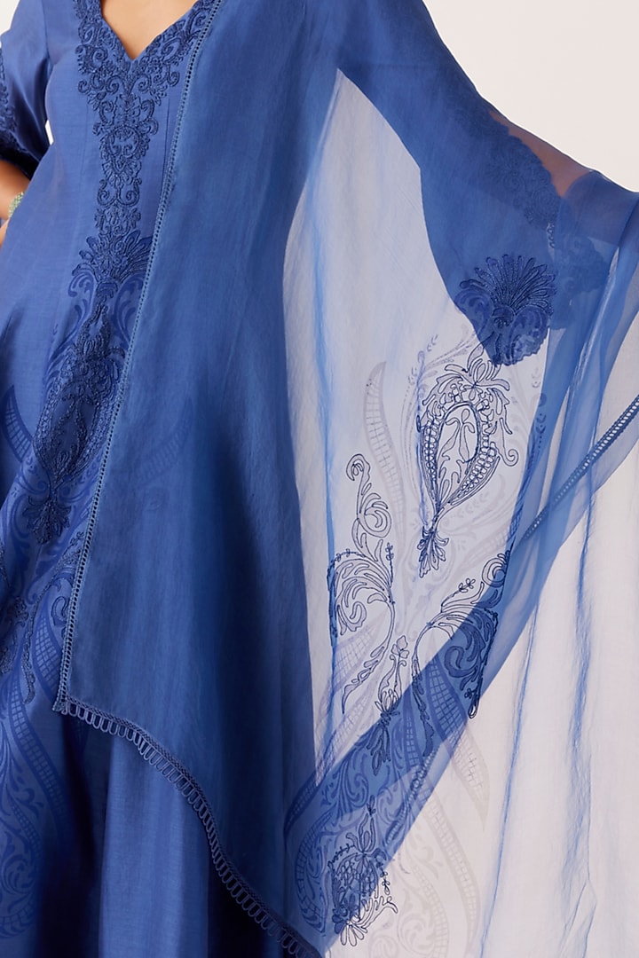 Blue Silk Chanderi Embroidered & Printed Wedding Anarkali Set by Devnaagri at Pernia's Pop Up Shop