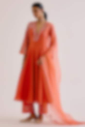 Orange Silk Organza Dori Embroidered Anarkali Set by Devnaagri at Pernia's Pop Up Shop