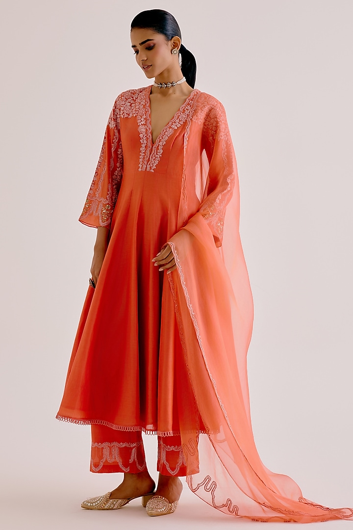 Orange Silk Organza Dori Embroidered Anarkali Set by Devnaagri at Pernia's Pop Up Shop