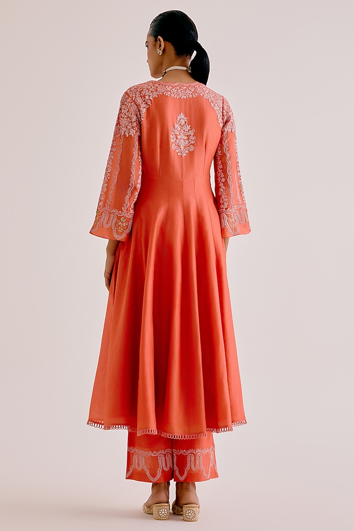Orange Silk Organza Dori Embroidered Wedding Anarkali Set by Devnaagri at Pernia's Pop Up Shop