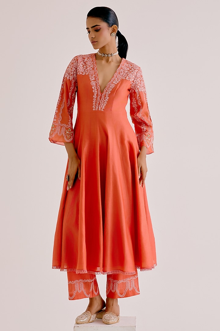 Orange Silk Organza Dori Embroidered Wedding Anarkali Set by Devnaagri at Pernia's Pop Up Shop