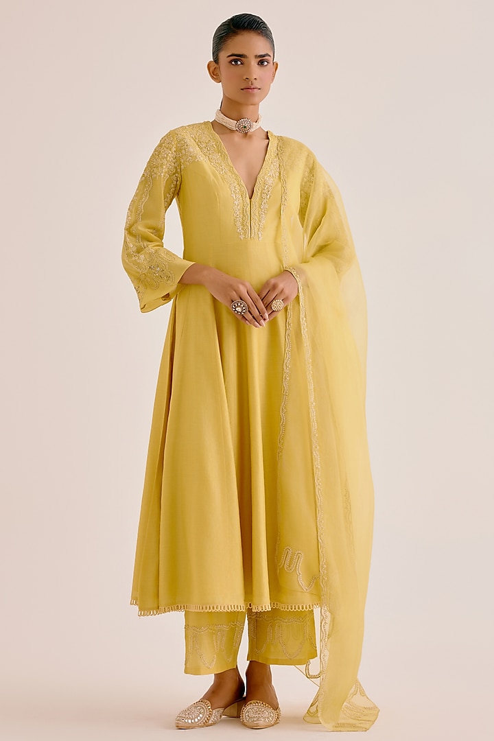 Yellow Silk Organza Dori Embroidered Anarkali Set by Devnaagri at Pernia's Pop Up Shop