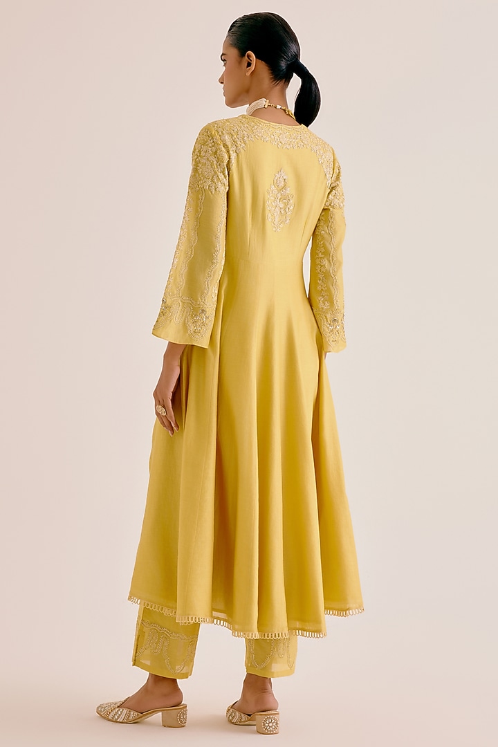Yellow Silk Organza Dori Embroidered Wedding Anarkali Set by Devnaagri at Pernia's Pop Up Shop