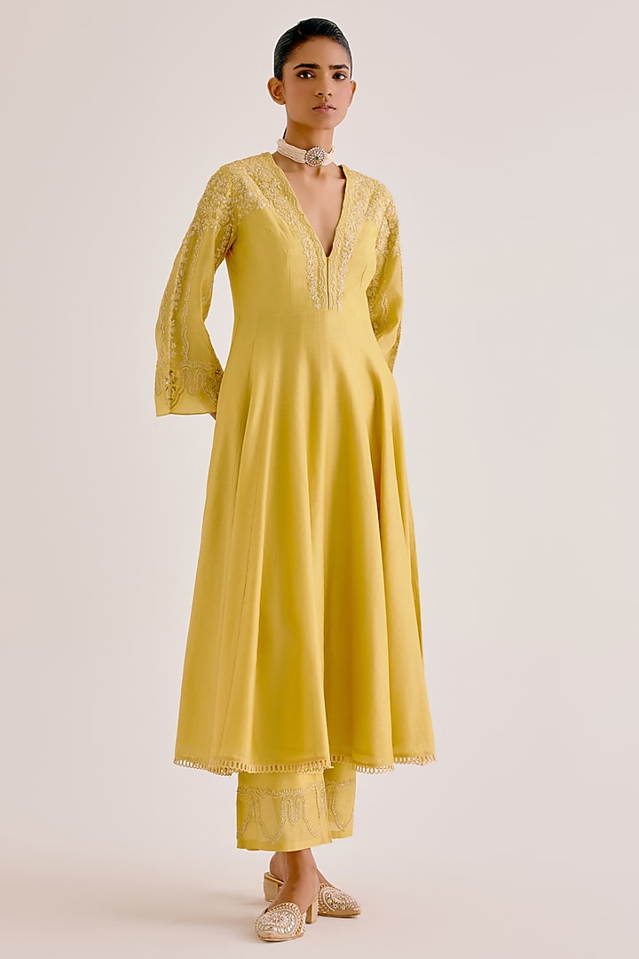 Yellow Silk Organza Dori Embroidered Wedding Anarkali Set by Devnaagri at Pernia's Pop Up Shop