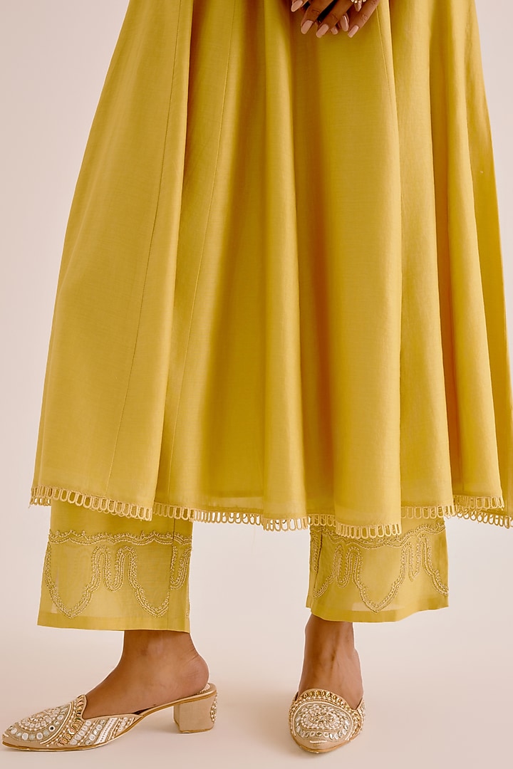 Yellow Silk Organza Dori Embroidered Wedding Anarkali Set by Devnaagri at Pernia's Pop Up Shop