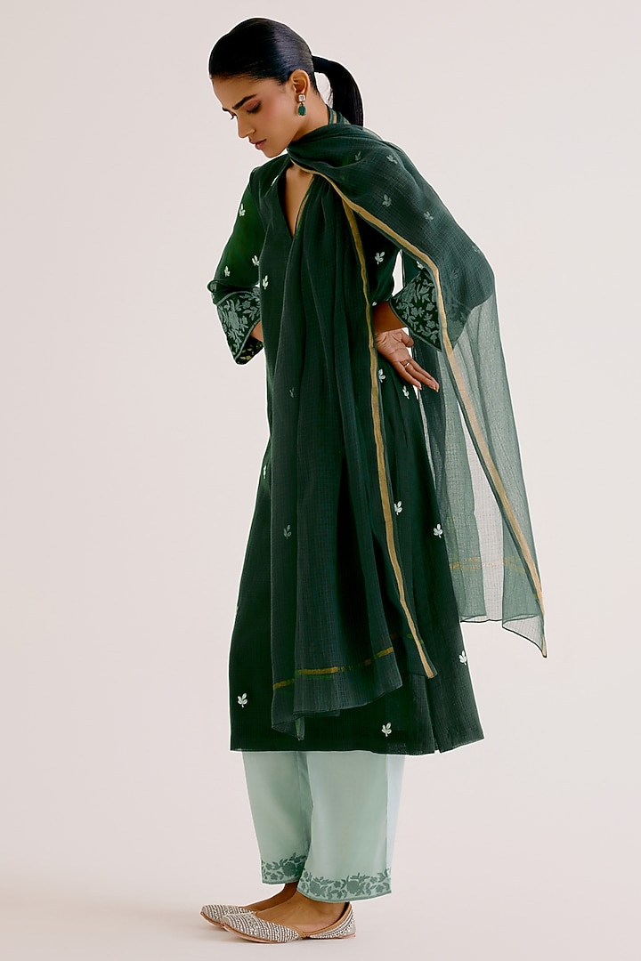 Emerald Green Kota Dori Embroidered Kurta Set by Devnaagri at Pernia's Pop Up Shop