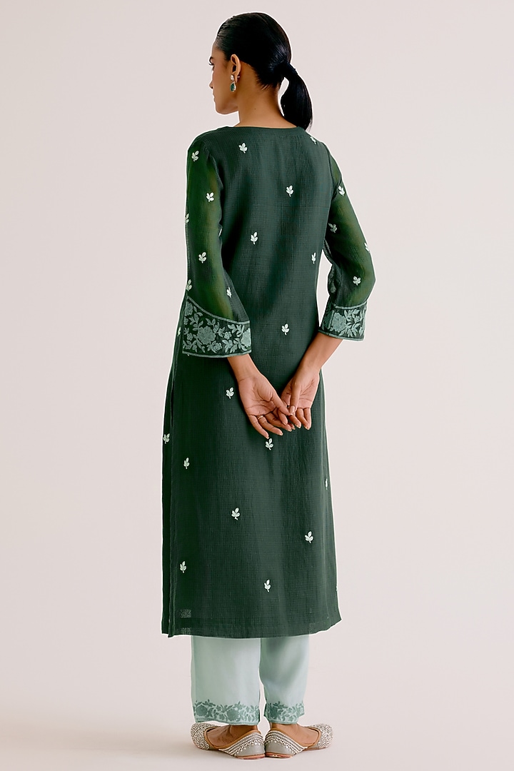 Emerald Green Kota Dori Embroidered Kurta Set by Devnaagri at Pernia's Pop Up Shop