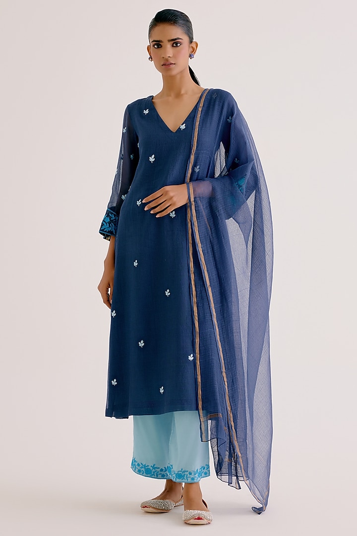 Navy Blue Kota Dori Embroidered Kurta Set by Devnaagri at Pernia's Pop Up Shop