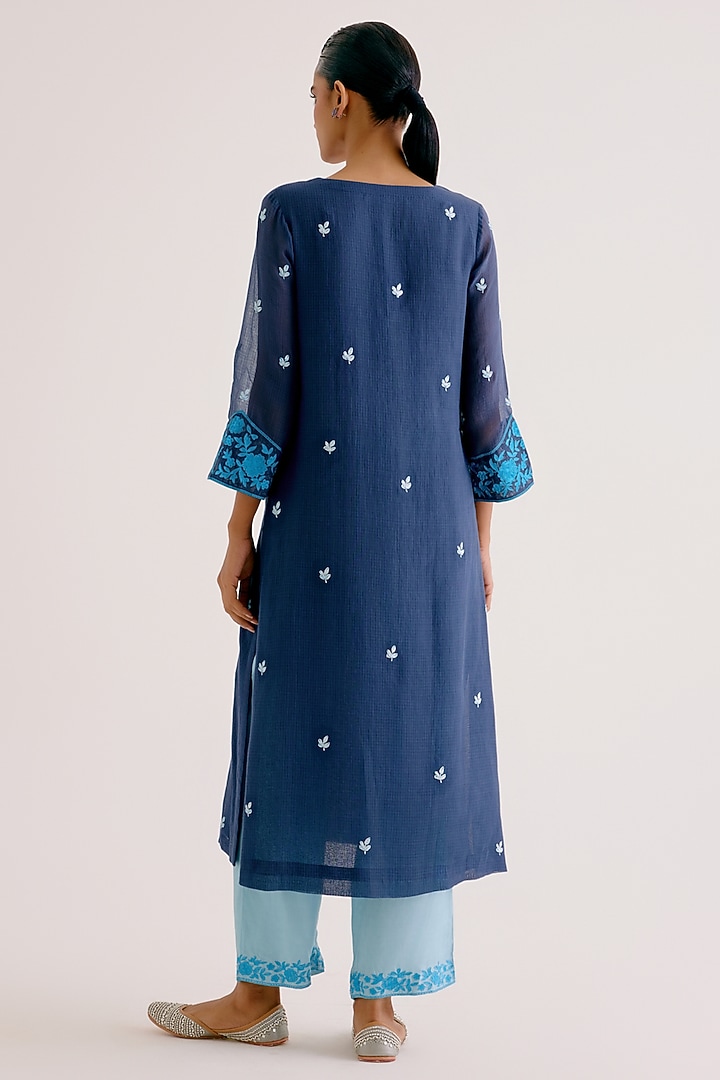 Navy Blue Kota Dori Embroidered Kurta Set by Devnaagri at Pernia's Pop Up Shop