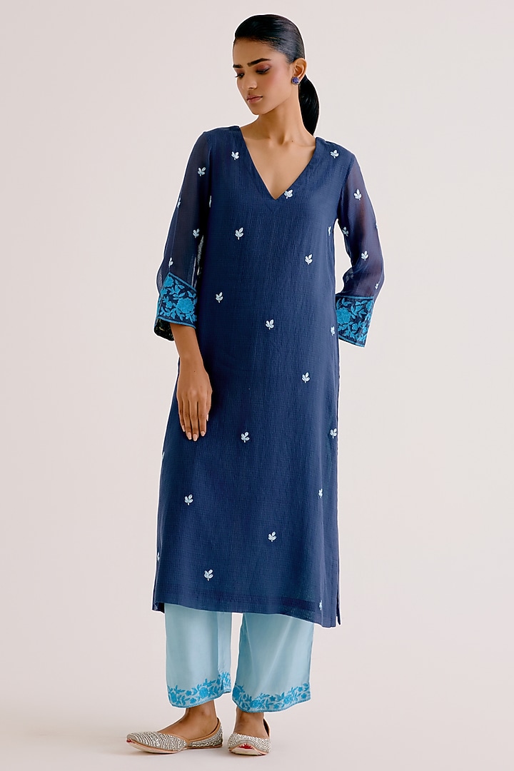 Navy Blue Kota Dori Embroidered Kurta Set by Devnaagri at Pernia's Pop Up Shop