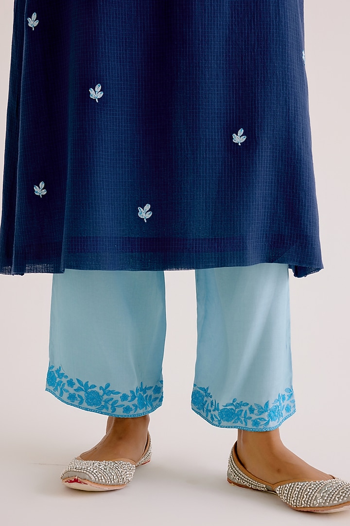 Navy Blue Kota Dori Embroidered Kurta Set by Devnaagri at Pernia's Pop Up Shop