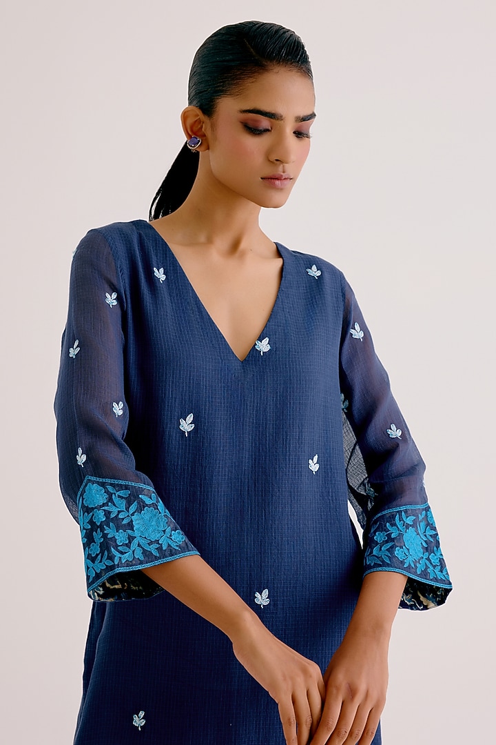 Navy Blue Kota Dori Embroidered Kurta Set by Devnaagri at Pernia's Pop Up Shop