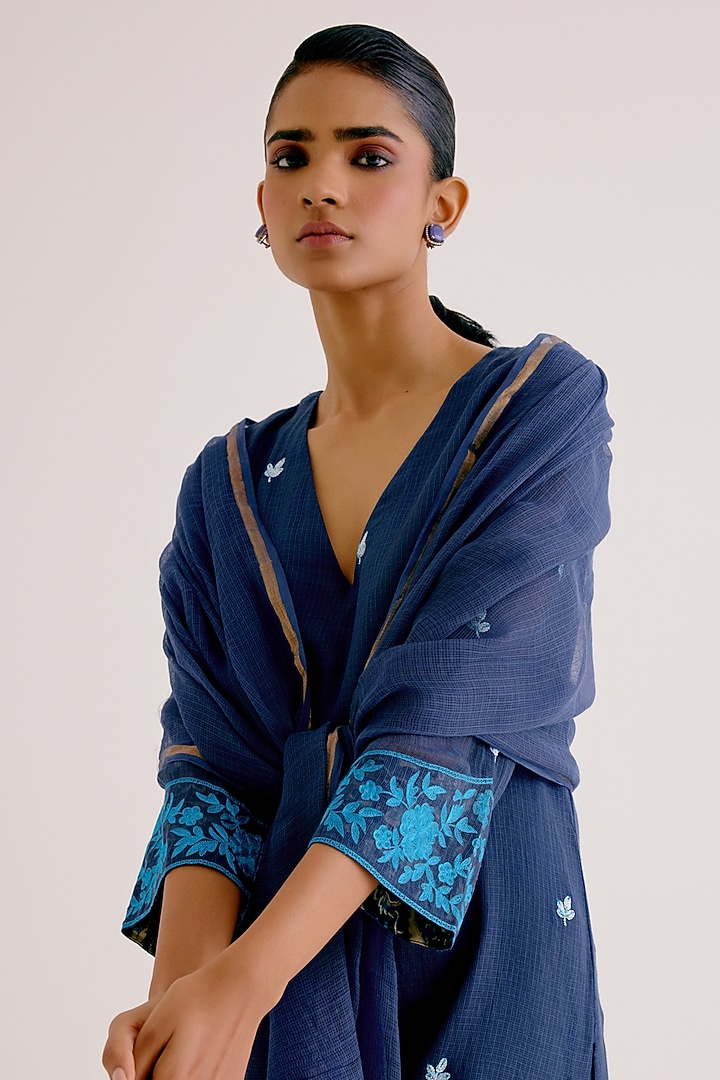 Navy Blue Kota Dori Embroidered Kurta Set by Devnaagri at Pernia's Pop Up Shop
