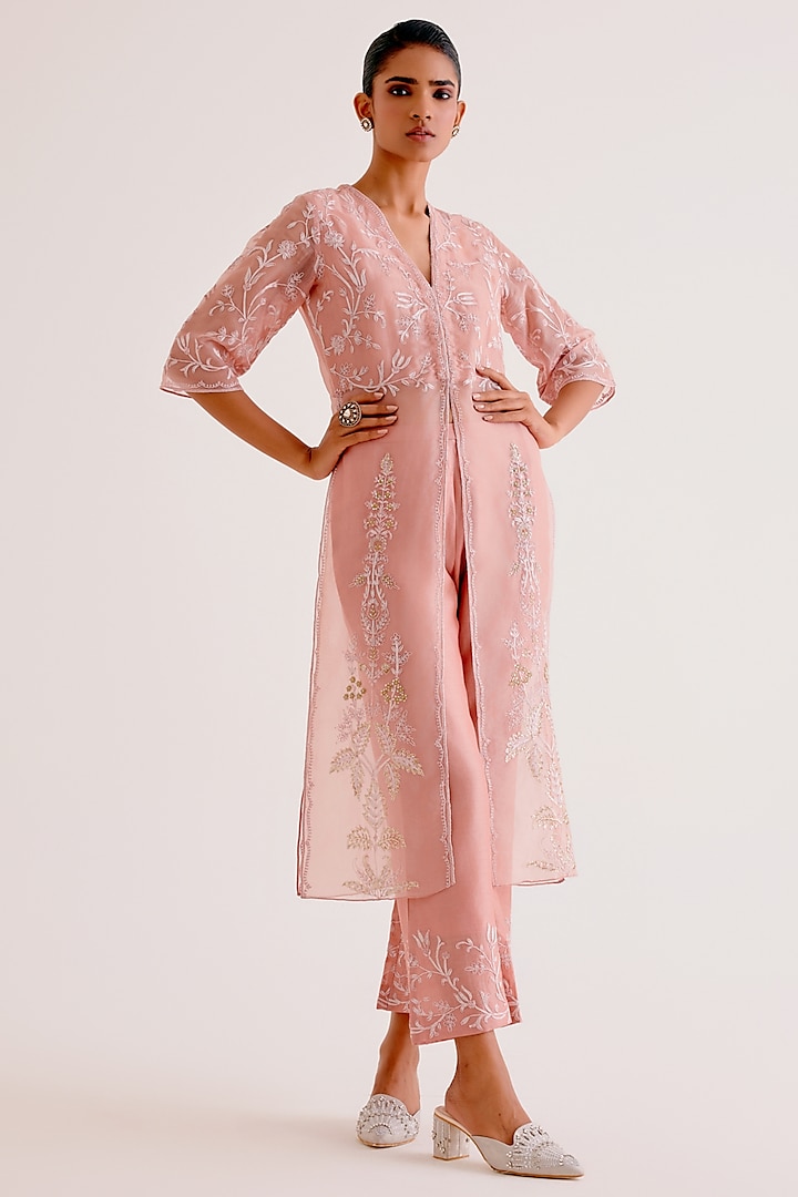 Blush Pink Silk Organza Dori & Sequins Embroidered Kurta Set by Devnaagri at Pernia's Pop Up Shop