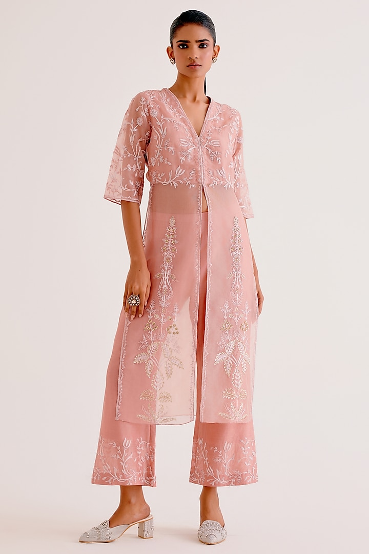 Blush Pink Silk Organza Dori & Sequins Embroidered Kurta Set by Devnaagri at Pernia's Pop Up Shop