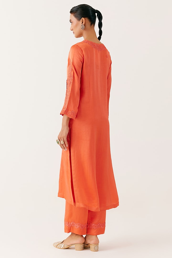 Orange Tussar Raw Silk Embroidered & Printed Kurta Set by Devnaagri at Pernia's Pop Up Shop