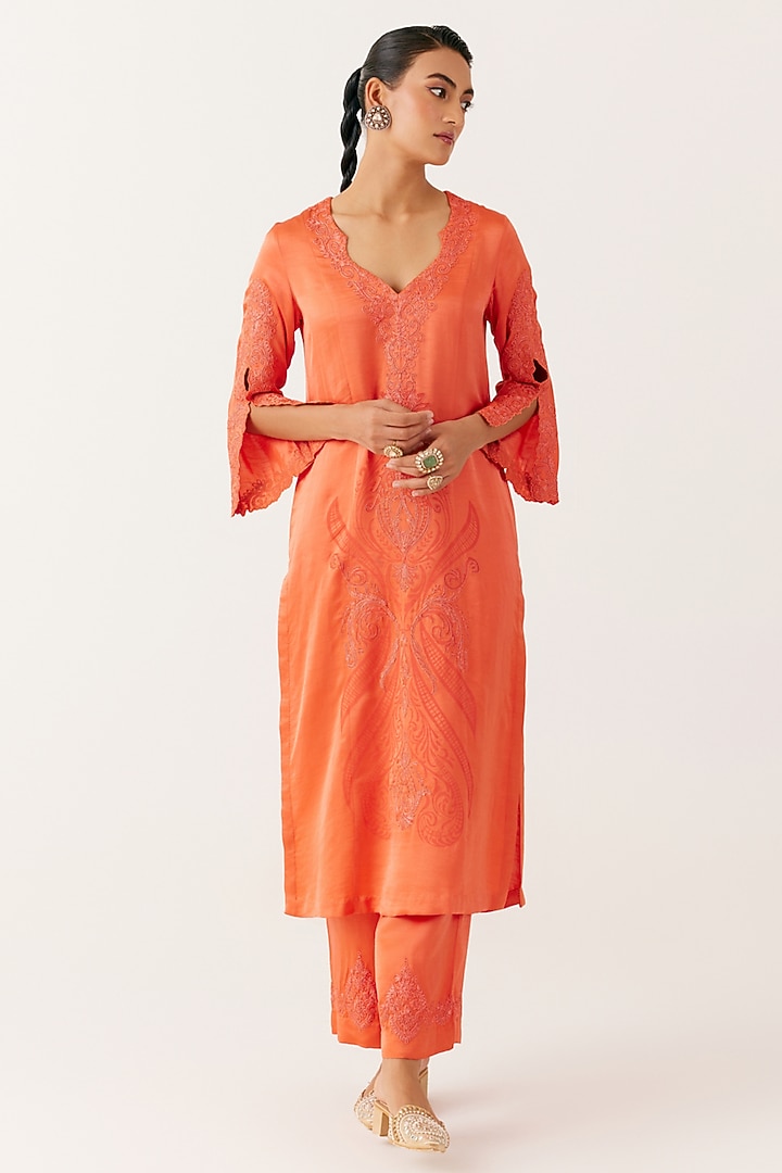 Orange Tussar Raw Silk Embroidered & Printed Kurta Set by Devnaagri at Pernia's Pop Up Shop