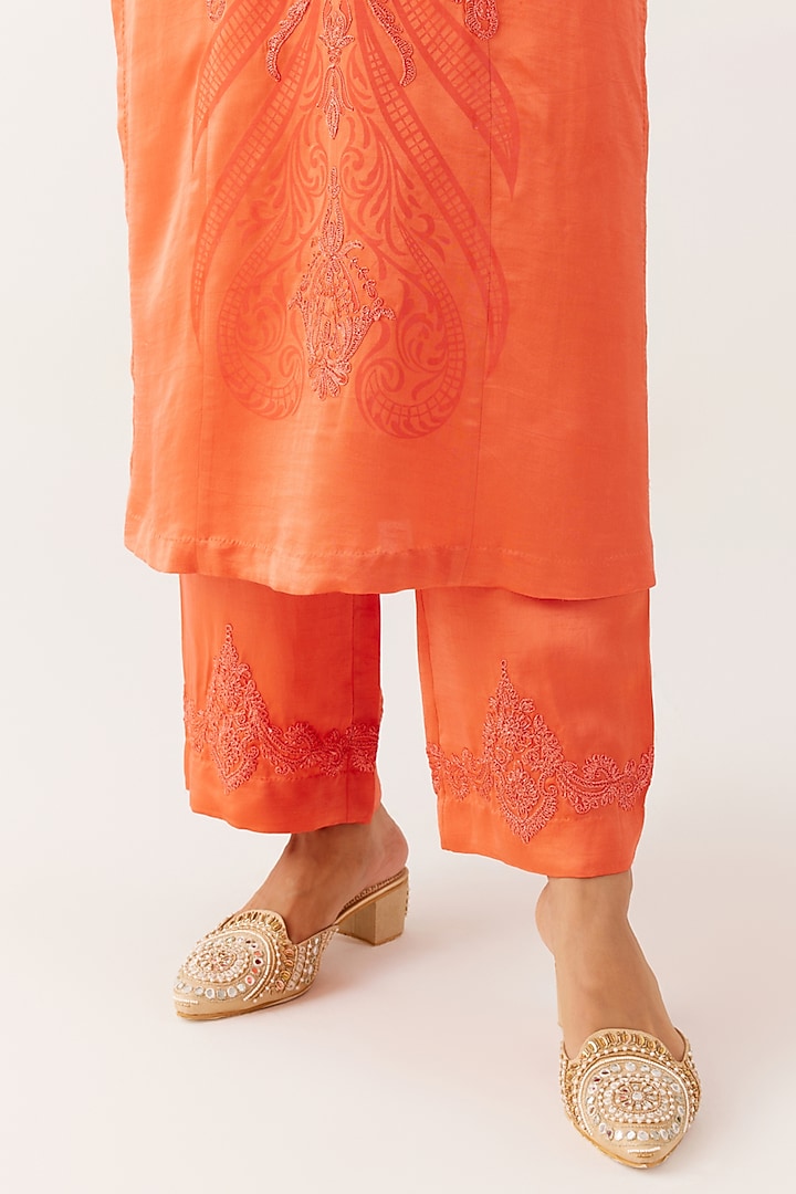 Orange Tussar Raw Silk Embroidered & Printed Kurta Set by Devnaagri at Pernia's Pop Up Shop