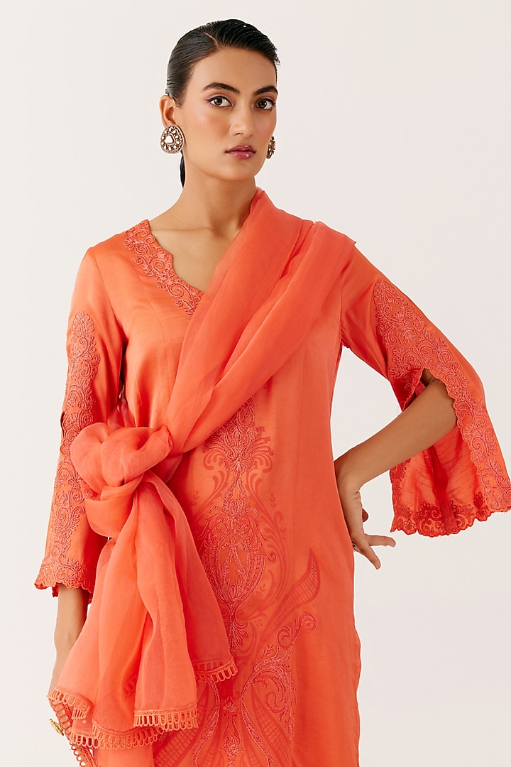 Orange Tussar Raw Silk Embroidered & Printed Kurta Set by Devnaagri at Pernia's Pop Up Shop