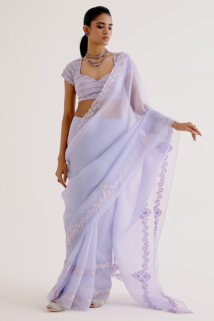 Lilac Silk Organza Dori Embroidered Saree Set by Devnaagri at Pernia's Pop Up Shop