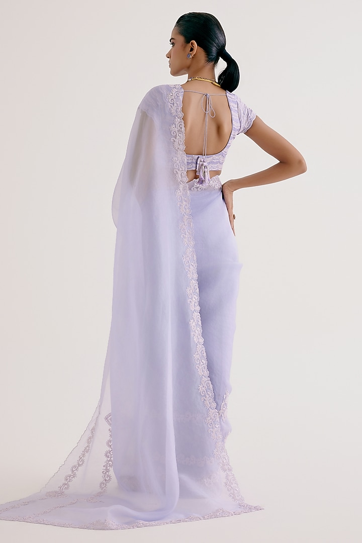 Lilac Silk Organza Dori Embroidered Wedding Saree Set by Devnaagri at Pernia's Pop Up Shop
