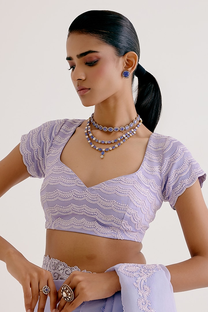 Lilac Silk Organza Dori Embroidered Wedding Saree Set by Devnaagri at Pernia's Pop Up Shop