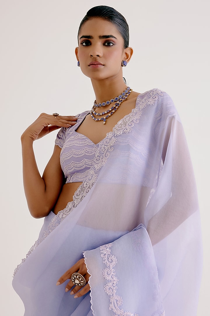 Lilac Silk Organza Dori Embroidered Wedding Saree Set by Devnaagri at Pernia's Pop Up Shop