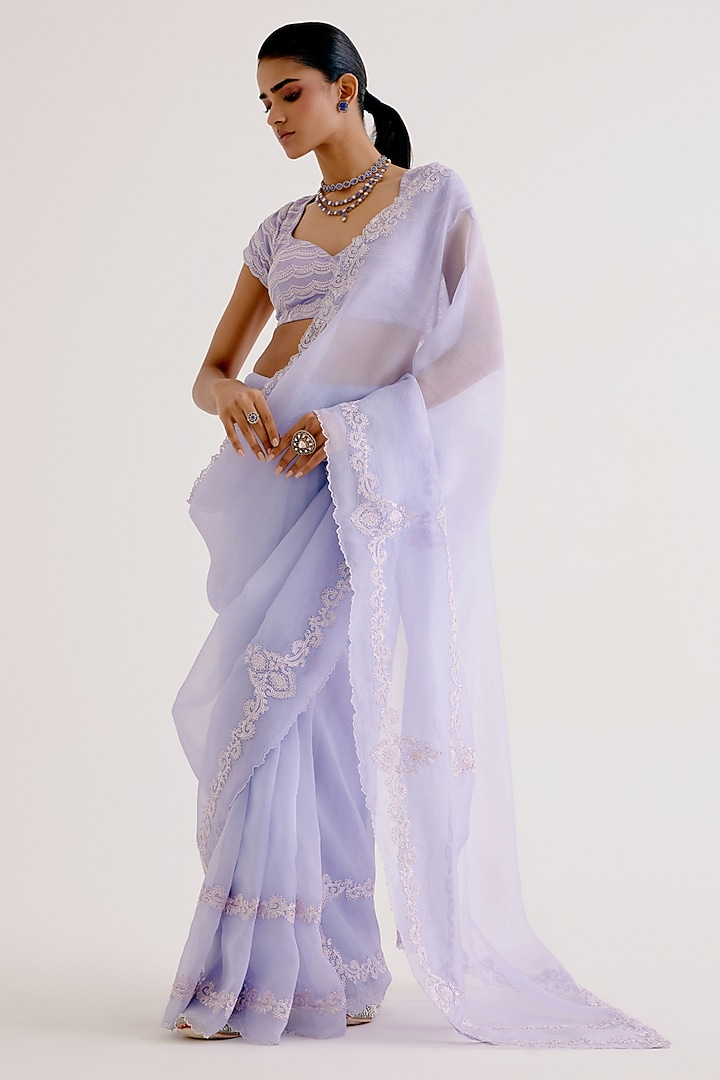 Lilac Silk Organza Dori Embroidered Wedding Saree Set by Devnaagri at Pernia's Pop Up Shop
