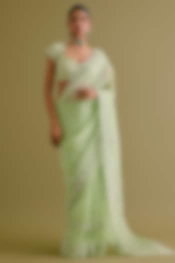 Pistachio Green Silk Organza Dori Embroidered Saree Set by Devnaagri at Pernia's Pop Up Shop