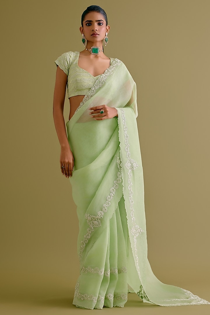 Pistachio Green Silk Organza Dori Embroidered Saree Set by Devnaagri at Pernia's Pop Up Shop