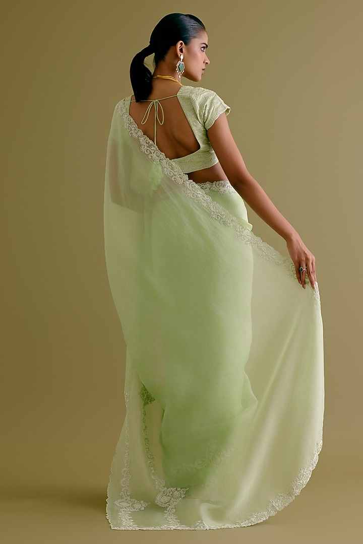 Pistachio Green Silk Organza Dori Embroidered Wedding Saree Set by Devnaagri at Pernia's Pop Up Shop