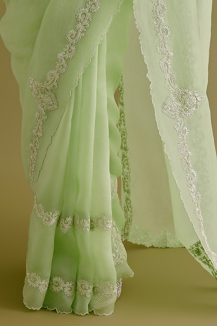 Pistachio Green Silk Organza Dori Embroidered Wedding Saree Set by Devnaagri at Pernia's Pop Up Shop