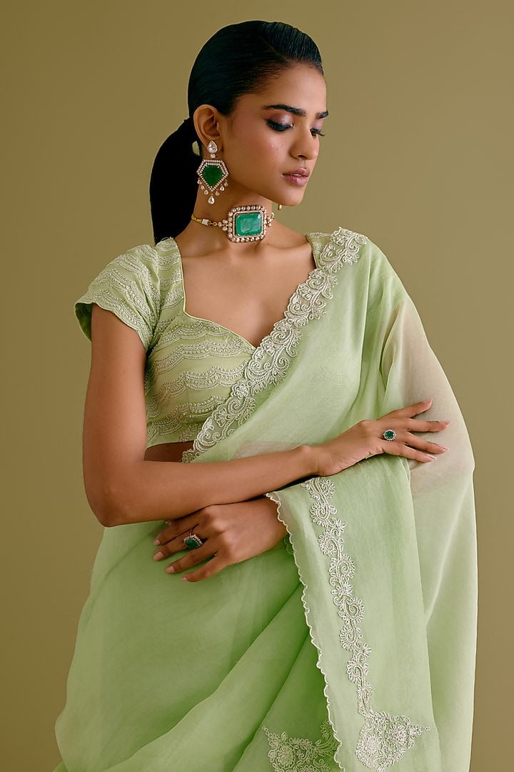 Pistachio Green Silk Organza Dori Embroidered Wedding Saree Set by Devnaagri at Pernia's Pop Up Shop