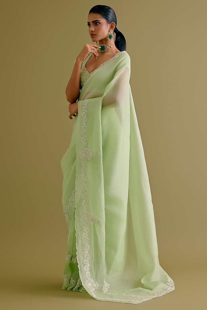 Pistachio Green Silk Organza Dori Embroidered Wedding Saree Set by Devnaagri at Pernia's Pop Up Shop