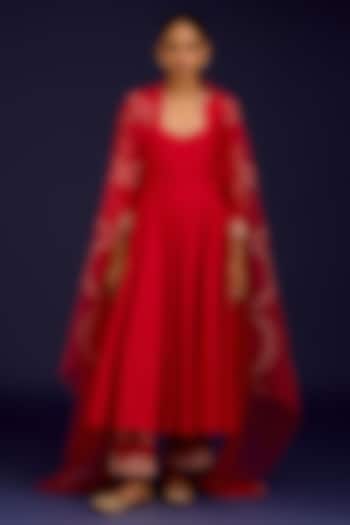 Red Cotton Silk Blend Dori Embroidered Wedding Anarkali Set by Devnaagri at Pernia's Pop Up Shop