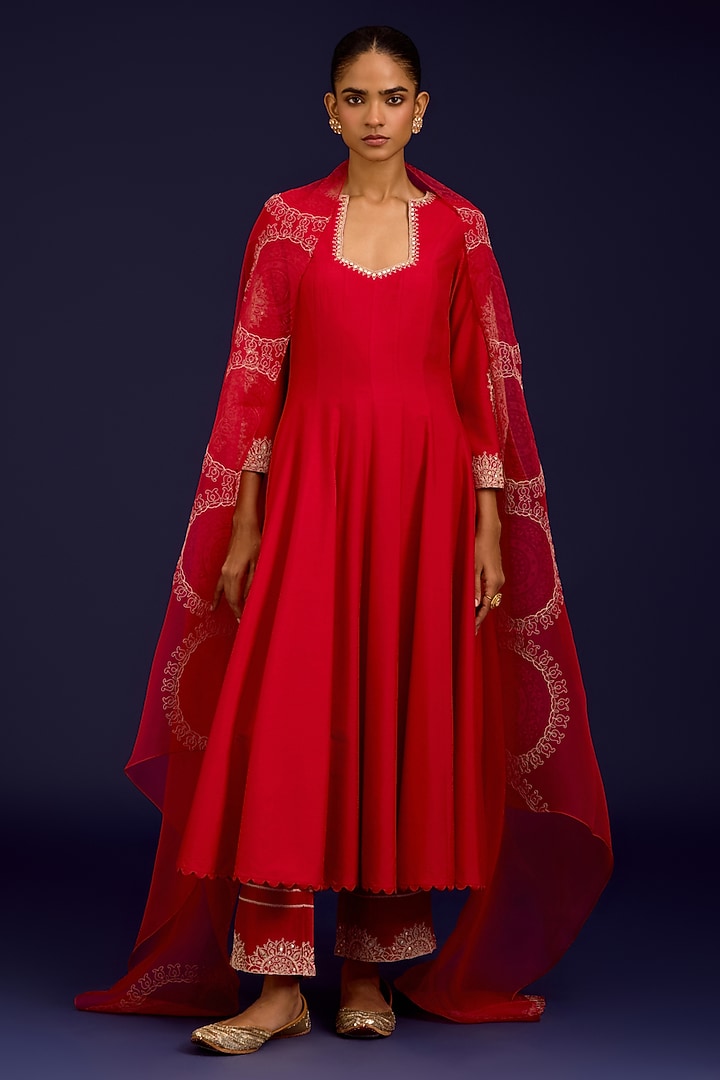 Red Cotton Silk Blend Dori Embroidered Wedding Anarkali Set by Devnaagri at Pernia's Pop Up Shop