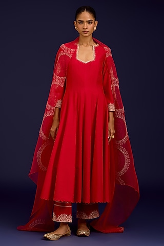Red Cotton Silk Blend Dori Embroidered Anarkali Set by Devnaagri