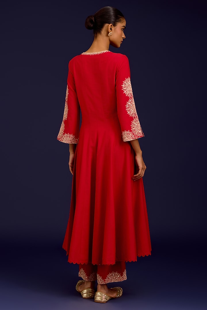 Red Cotton Silk Blend Dori Embroidered Wedding Anarkali Set by Devnaagri at Pernia's Pop Up Shop