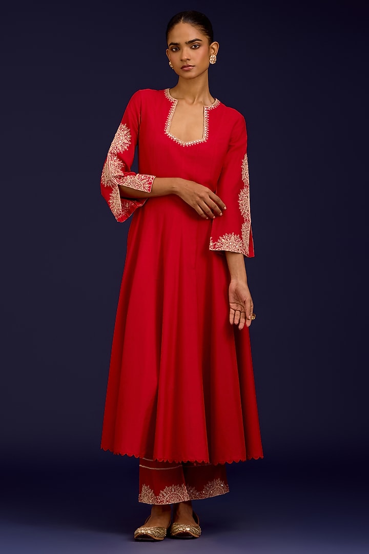 Red Cotton Silk Blend Dori Embroidered Wedding Anarkali Set by Devnaagri at Pernia's Pop Up Shop