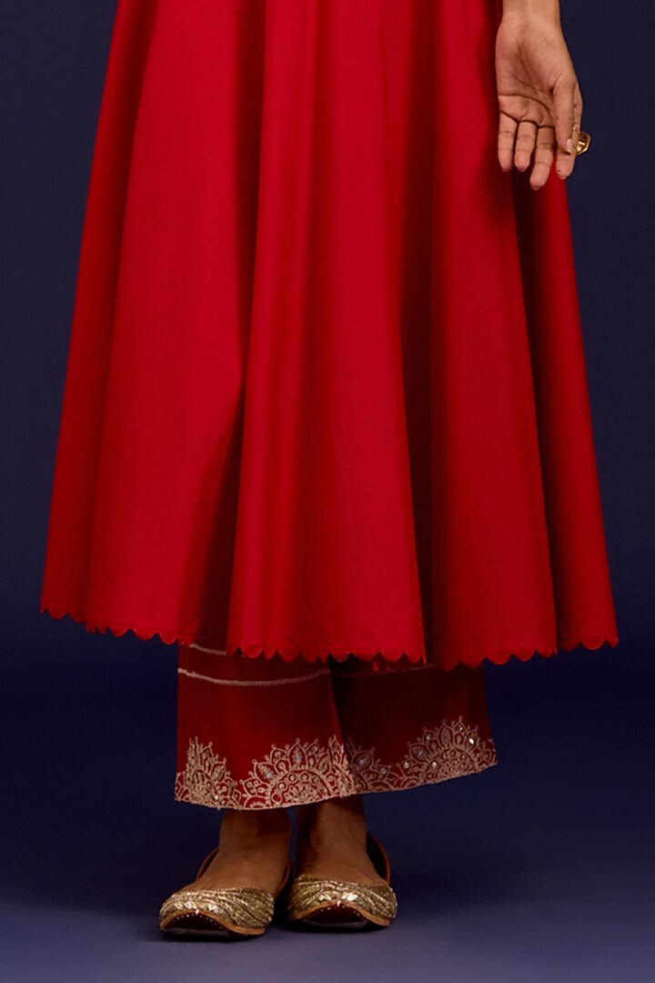 Red Cotton Silk Blend Dori Embroidered Wedding Anarkali Set by Devnaagri at Pernia's Pop Up Shop