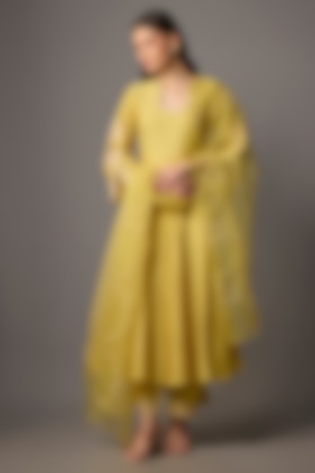Mustard Cotton Silk Blend Sequins Embroidered Wedding Anarkali Set by Devnaagri at Pernia's Pop Up Shop