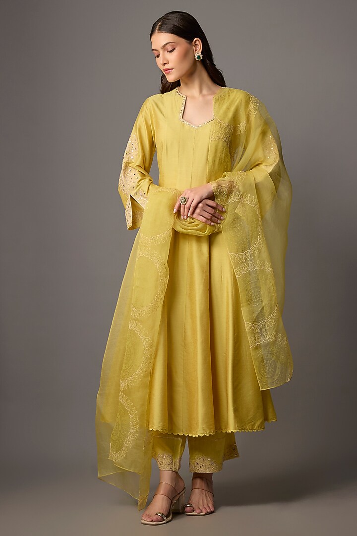 Mustard Cotton Silk Blend Sequins Embroidered Wedding Anarkali Set by Devnaagri at Pernia's Pop Up Shop